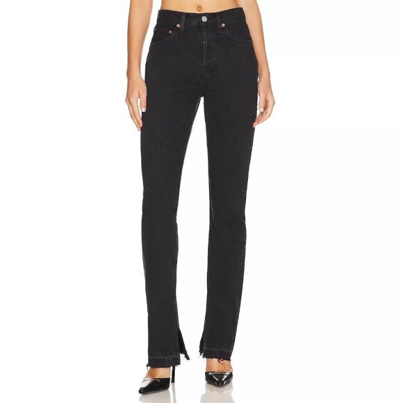 RE/DONE 70s HIGH-RISE SKINNY BOOT JEANS SPLIT HEM RIGID DENIM WASHED BLACK sz 26 - Picture 1 of 8